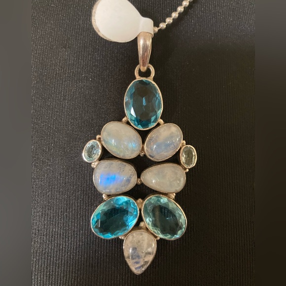 NWT HUGE Gemstone Pendant Rainbow Moonstone Blue Quartz Blue Topaz STERLING - Picture 7 of 9